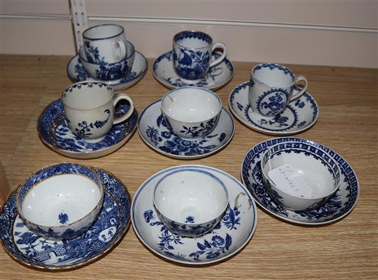 A group of Caughley, Worcester and Liverpool blue and white tea bowls, coffee cups and saucers, c.1770-90 (17)